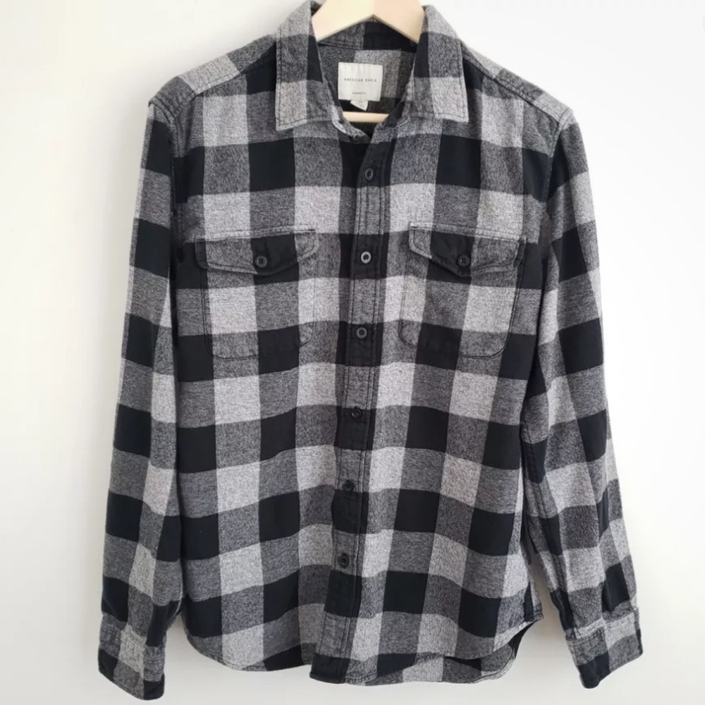 NWT American Eagle Men's Black Gray Flannel Button Down Buffalo Plaid Shirt L
